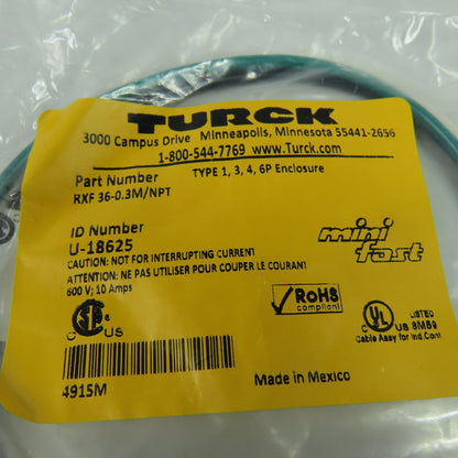 Turck RXF 36-0.3M/NPT U-18625 Receptacle Connector Female 3pin 600VAC 10A Lot/2