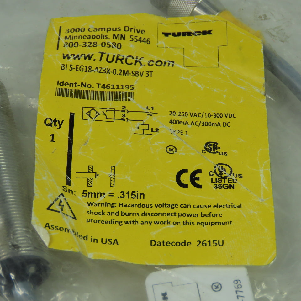 Turck BI 5EG18-AZ3X-0.2-SBV 3T Inductive Proximity Sensor 20-250VAC 10-300VDC
