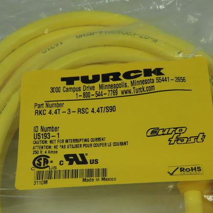 Turck RKC 4.4T-3-RSC 4.4T/S90 Cordset Cable Straight Male To Straight Female