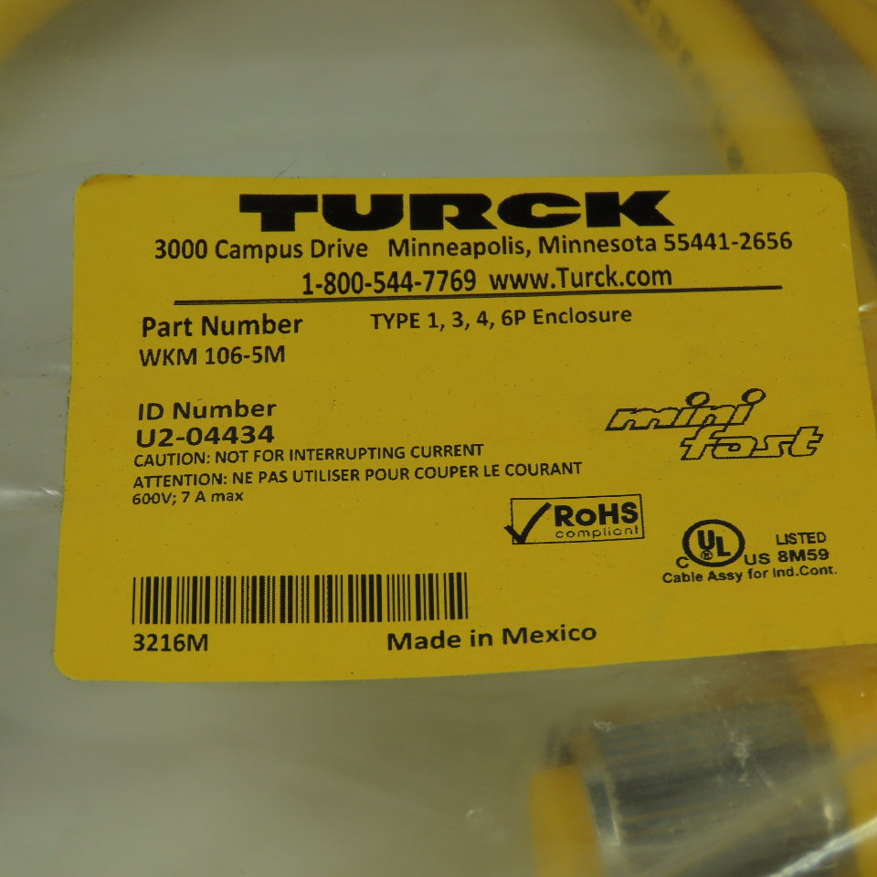 Turck WKM 106-5M U2-04434 Cordset Cable Right Angle Female To Cut End 10pin 600V