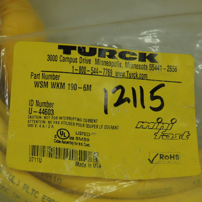 Turck WSM WKM 190-6M Cordset Cable Right Angle Female To Right Angle Male 19pin