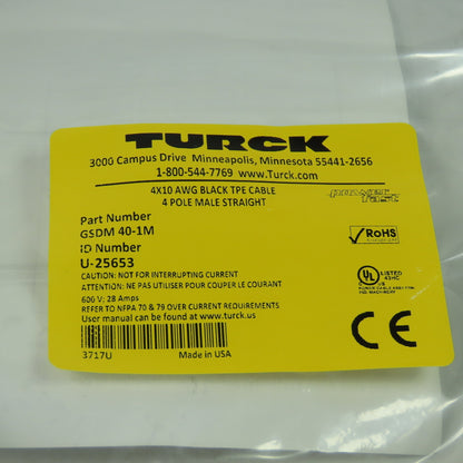 Turck GSDM 40-1M U-25653Cordset Cable Straight Male Connector To Cut End 4pin