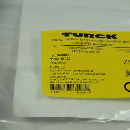 Turck GSDM 40-1M U-25653Cordset Cable Straight Male Connector To Cut End 4pin