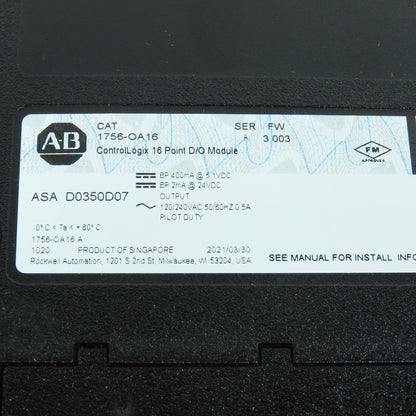 Allen Bradley 1756-OA16 Ser A FW 3.003 ControlLogix 16 Pt. D/O Module