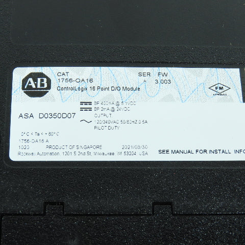 Allen Bradley 1756-OA16 Ser A FW 3.003 ControlLogix 16 Pt. D/O Module