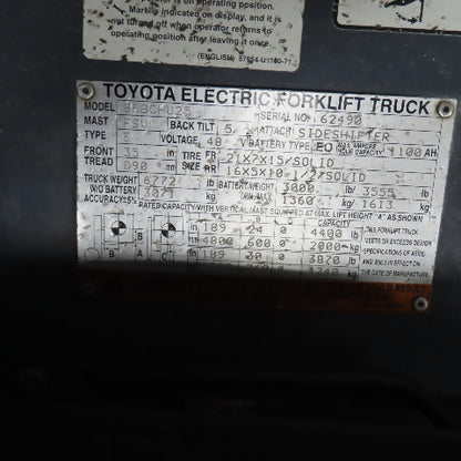 2015 Toyota 8FBCHU25 5000 LB Electric 48V Forklift 3-Stage 189" Lift (No Battery
