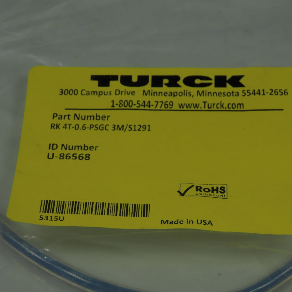 Turck RK 4T-0.6-PSGC 3M/S1291 Cordset Cable Straight Male To Straight Female