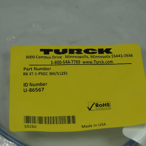 Turck RK 4T-1-PSGC 3M/S1291 Cordset Cable Straight Male To Straight Female