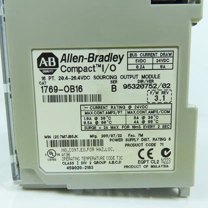 Allen Bradley 1769-OB16 Ser B Compact I/O 24V Sourcing Output Module F/W Rev 3.1