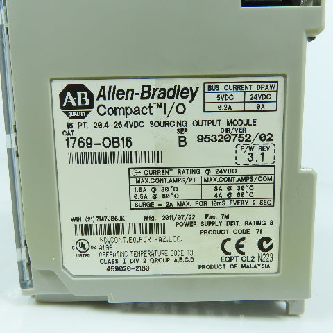 Allen Bradley 1769-OB16 Ser B Compact I/O 24V Sourcing Output Module F/W Rev 3.1