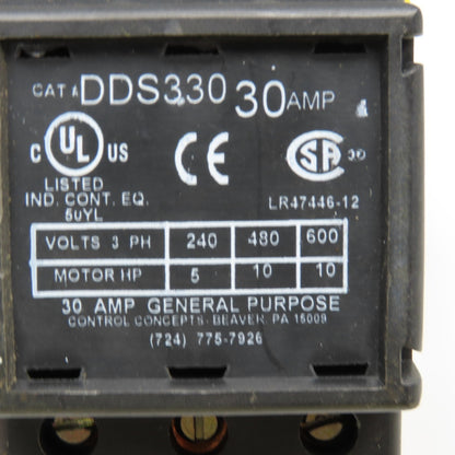 Control Concepts DDS330 600V 30A 10Hp Disconnect Switch LOTO