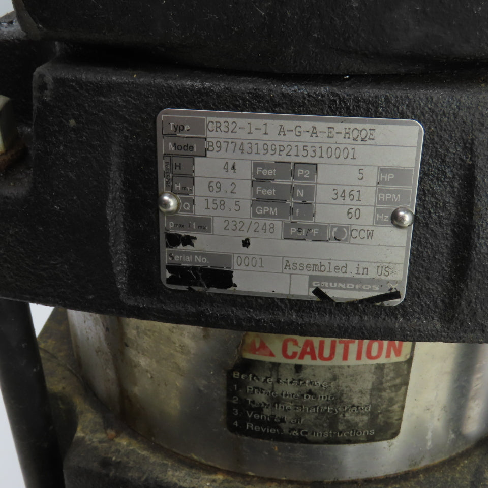 Grundfoss CR32-1-1 A-G-A-E-HQQE 5HP Multistage Centrifugal Pump 3PH 158GPM 69' H