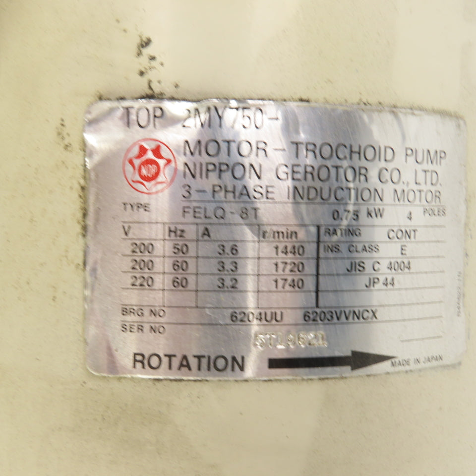 Nippon 212HBM FELQ-8T 0.75kW Trochoid Oil Pump & Motor 200/220V 3PH Tested