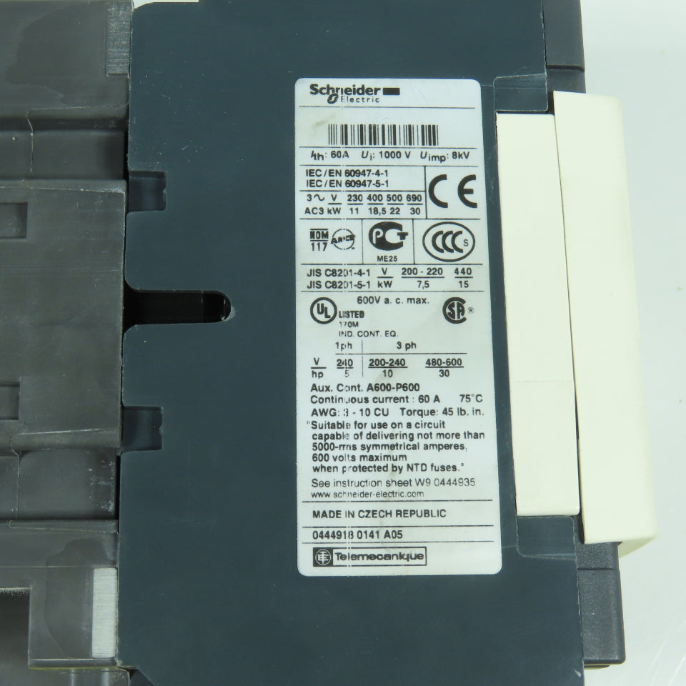 Schneider LC1D40 600V 40A Rail Mount Contactor 5-30HP 120V Coil