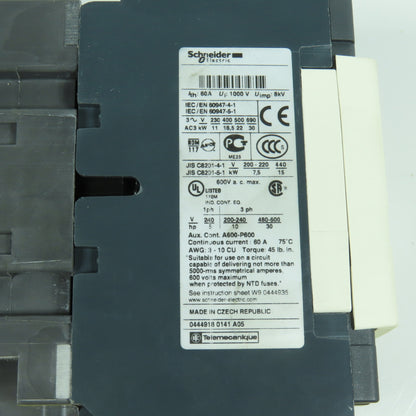 Schneider LC1D40 600V 40A Rail Mount Contactor 5-30HP 120V Coil