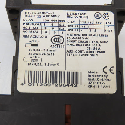 Siemens 3RT1016-2AB01 600VAC 20A Contactor Relay W/ Aux. 3RH1911-2HA12 24V Coil