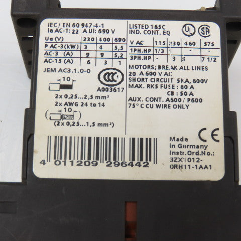 Siemens 3RT1016-2AB01 600VAC 20A Contactor Relay W/ Aux. 3RH1911-2HA12 24V Coil