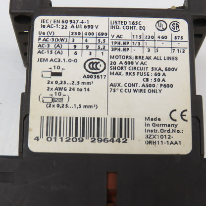 Siemens 3RT1016-2AB01 600VAC 20A Contactor Relay W/ Aux. 3RH1911-2HA12 24V Coil