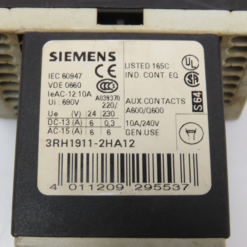 Siemens 3RT1016-2AB01 600VAC 20A Contactor Relay W/ Aux. 3RH1911-2HA12 24V Coil