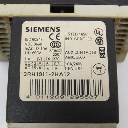 Siemens 3RT1016-2AB01 600VAC 20A Contactor Relay W/ Aux. 3RH1911-2HA12 24V Coil
