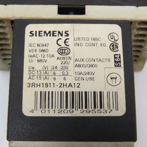 Siemens 3RT1016-2AB01 600VAC 20A Contactor Relay W/ Aux. 3RH1911-2HA12 24V Coil