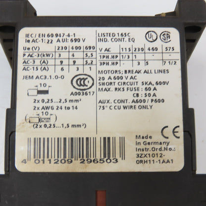Siemens 3RT1016-2BB41 600VAC 20A Contactor Relay W/ Aux. 3RH1911-2HA12 24V Coil