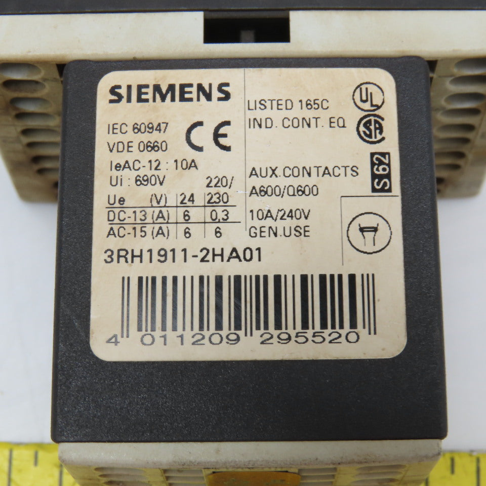 Siemens 3RT1016-2BB41 600VAC 20A Contactor Relay W/ Aux. 3RH1911-2HA12 24V Coil