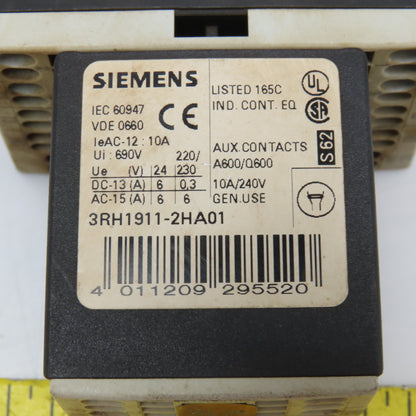 Siemens 3RT1016-2BB41 600VAC 20A Contactor Relay W/ Aux. 3RH1911-2HA12 24V Coil