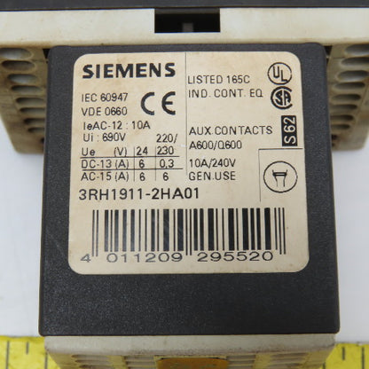 Siemens 3RT1016-2BB41 600VAC 20A Contactor Relay W/ Aux. 3RH1911-2HA12 24V Coil