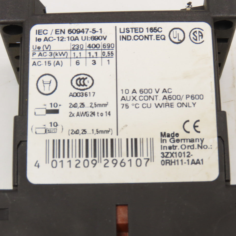 Siemens 3RH1140-2BB40 600VAC 10A Contactor Relay W/ Aux. 3RH1911-2GA22 24V Coil