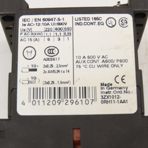 Siemens 3RH1140-2BB40 600VAC 10A Contactor Relay W/ Aux. 3RH1911-2GA22 24V Coil