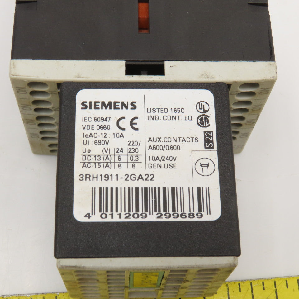 Siemens 3RH1140-2BB40 600VAC 10A Contactor Relay W/ Aux. 3RH1911-2GA22 24V Coil