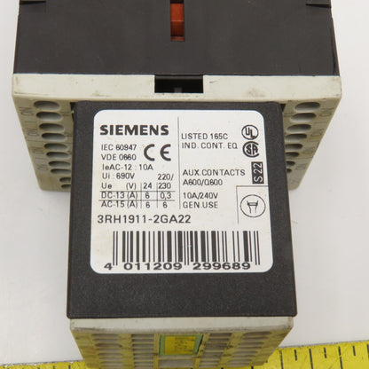 Siemens 3RH1140-2BB40 600VAC 10A Contactor Relay W/ Aux. 3RH1911-2GA22 24V Coil