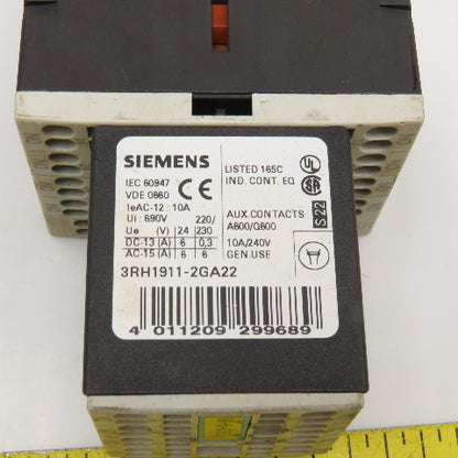 Siemens 3RH1140-2BB40 600VAC 10A Contactor Relay W/ Aux. 3RH1911-2GA22 24V Coil