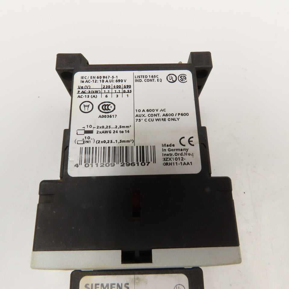 Siemens 3RH1140-2BB40 600VAC 10A Contactor Relay W/ Aux. 3RH1911-2GA22 24V Coil