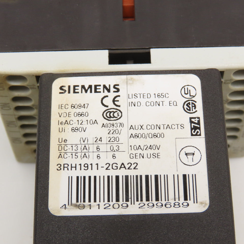 Siemens 3RH1140-2BB40 600VAC 10A Contactor Relay W/ Aux. 3RH1911-2GA22 24V Coil