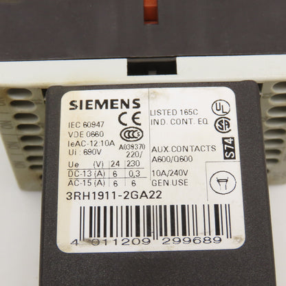 Siemens 3RH1140-2BB40 600VAC 10A Contactor Relay W/ Aux. 3RH1911-2GA22 24V Coil