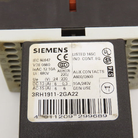 Siemens 3RH1140-2BB40 600VAC 10A Contactor Relay W/ Aux. 3RH1911-2GA22 24V Coil