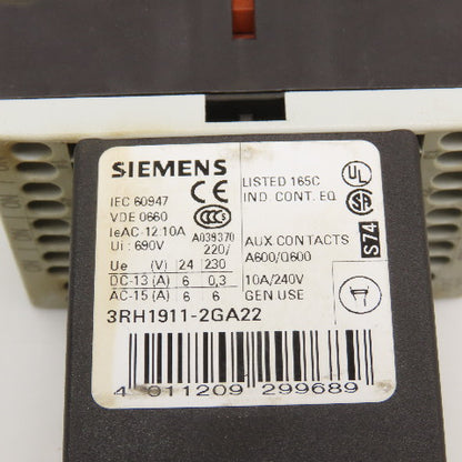 Siemens 3RH1140-2BB40 600VAC 10A Contactor Relay W/ Aux. 3RH1911-2GA22 24V Coil