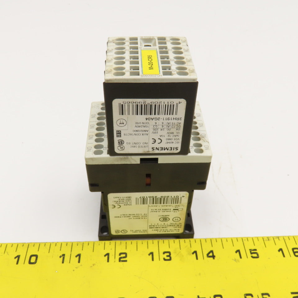 Siemens 3RH1140-2BB40 600VAC 10A Contactor Relay W/ Aux. 3RH1911-2GA04 24V Coil
