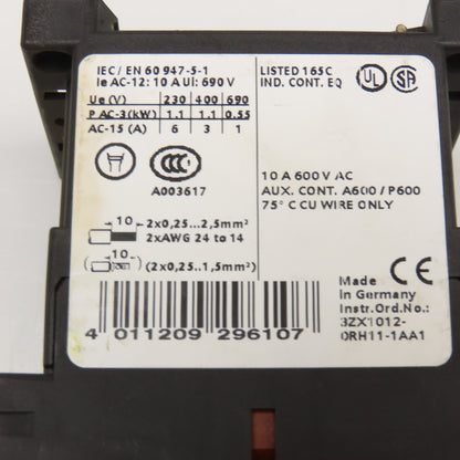 Siemens 3RH1140-2BB40 600VAC 10A Contactor Relay W/ Aux. 3RH1911-2GA04 24V Coil