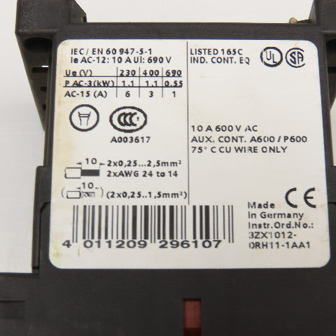 Siemens 3RH1140-2BB40 600VAC 10A Contactor Relay W/ Aux. 3RH1911-2GA04 24V Coil