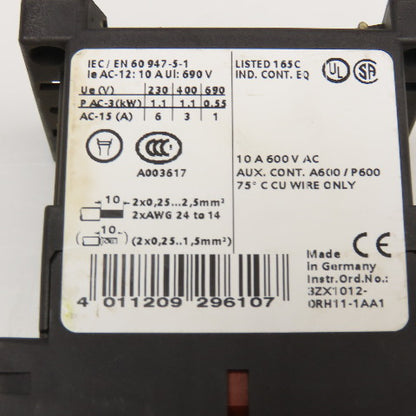 Siemens 3RH1140-2BB40 600VAC 10A Contactor Relay W/ Aux. 3RH1911-2GA04 24V Coil