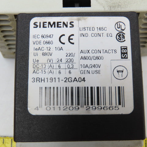 Siemens 3RH1140-2BB40 600VAC 10A Contactor Relay W/ Aux. 3RH1911-2GA04 24V Coil