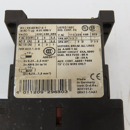 Siemens 3RT1016-2BB41 600VAC 20A Contactor Relay 24V Coil