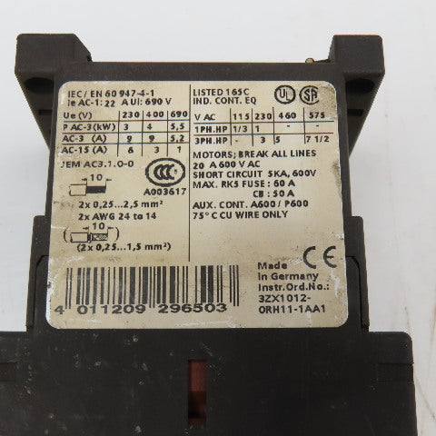 Siemens 3RT1016-2BB41 600VAC 20A Contactor Relay 24V Coil
