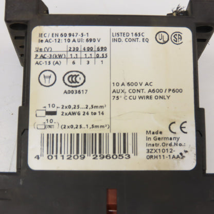 Siemens 3RH1131-2BB40 600VAC 10A Contactor Relay 24V Coil
