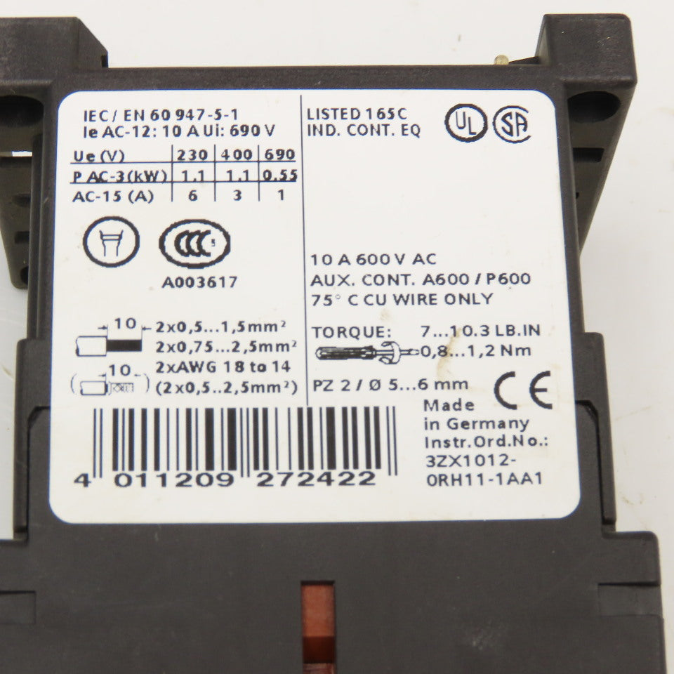 Siemens 3RH1122-1AB00 600VAC 10A Contactor Relay 24V Coil