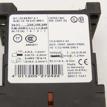 Siemens 3RH1122-1AB00 600VAC 10A Contactor Relay 24V Coil