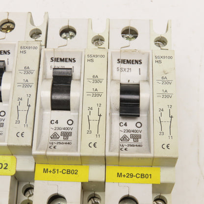 Siemens 5SX2 C4 4A 277V Single Pole Circuit Breaker W/ Aux. 5SX9100 Lot Of 7
